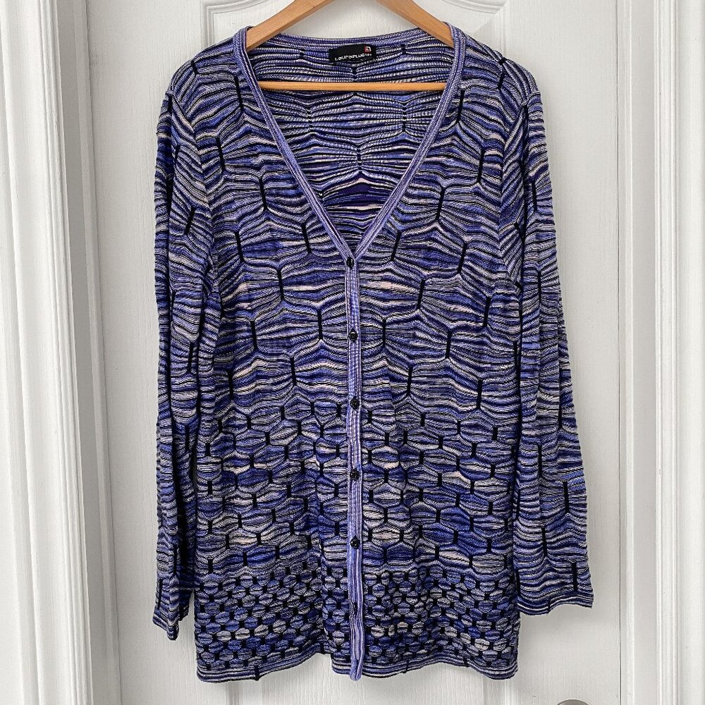 LauraPlus Blue Purple Geometric Knit Button Front Cardigan Sweater 2X
